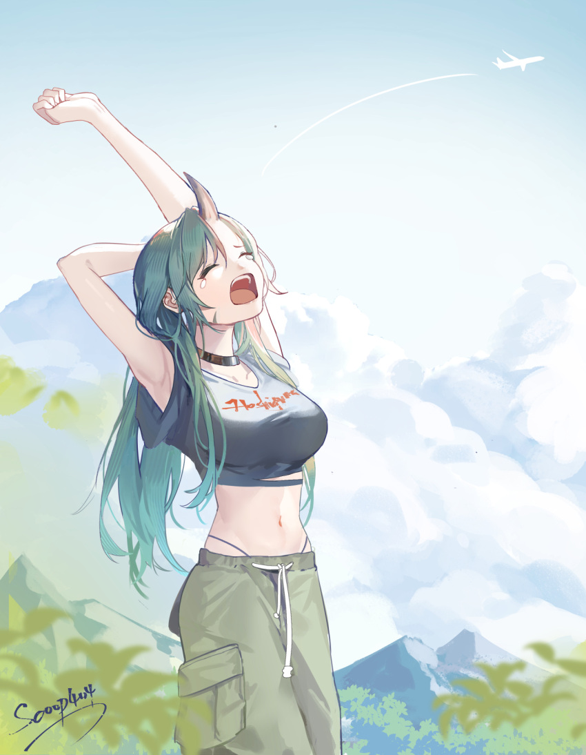 1girl ^_^ aircraft airplane alternate_costume arknights armpits arms_up black_choker black_shirt blue_sky breasts choker closed_eyes clothes_writing cloud commentary_request cowboy_shot crop_top day green_hair green_pants highres horns hoshiguma_(arknights) large_breasts long_hair midriff mountain navel open_mouth pants scoop404 shirt single_horn sky solo standing stomach t-shirt tears very_long_hair
