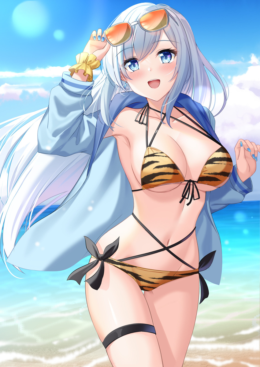 1girl :d absurdres animal_print arm_up armpits bare_shoulders beach benchen06 bikini blue_eyes blue_jacket blue_nails breasts cleavage collarbone cowboy_shot day eyewear_on_head front-tie_bikini front-tie_top halterneck hand_on_eyewear highres indie_virtual_youtuber jacket large_breasts long_hair long_sleeves looking_at_viewer multi-strapped_bikini nail_polish navel ocean open_clothes open_jacket open_mouth orange_bikini outdoors scrunchie side-tie_bikini smile solo standing stomach string_bikini sunglasses sunlight swimsuit thigh_gap thigh_strap thighs tiger_print tinted_eyewear very_long_hair virtual_youtuber water white_hair wrist_scrunchie
