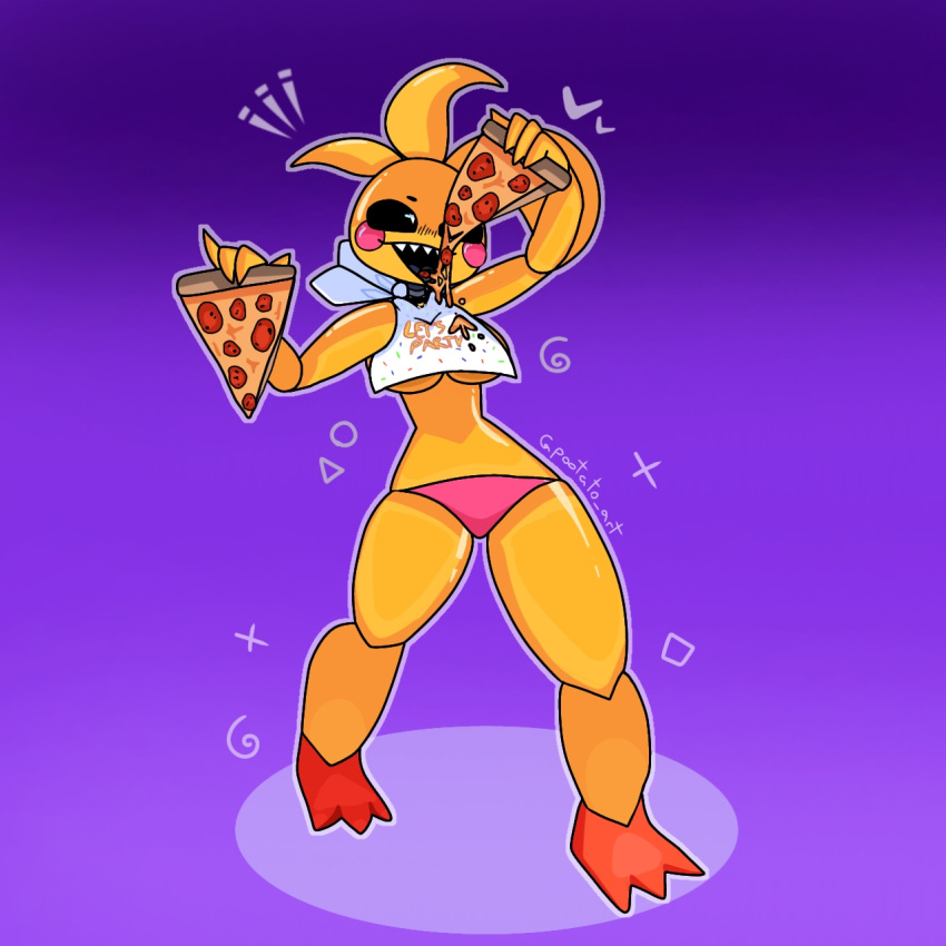 animatronic anthro avian bird black_eyes chicken clothing eating female five_nights_at_freddy's five_nights_at_freddy's_2 food galliform gallus_(genus) hi_res machine phasianid pink_clothing pink_underwear pizza pootato pose pupils robot scottgames smile teeth thick_thighs tongue tongue_out toy_chica_(fnaf) underwear video_games white_pupils yellow_body