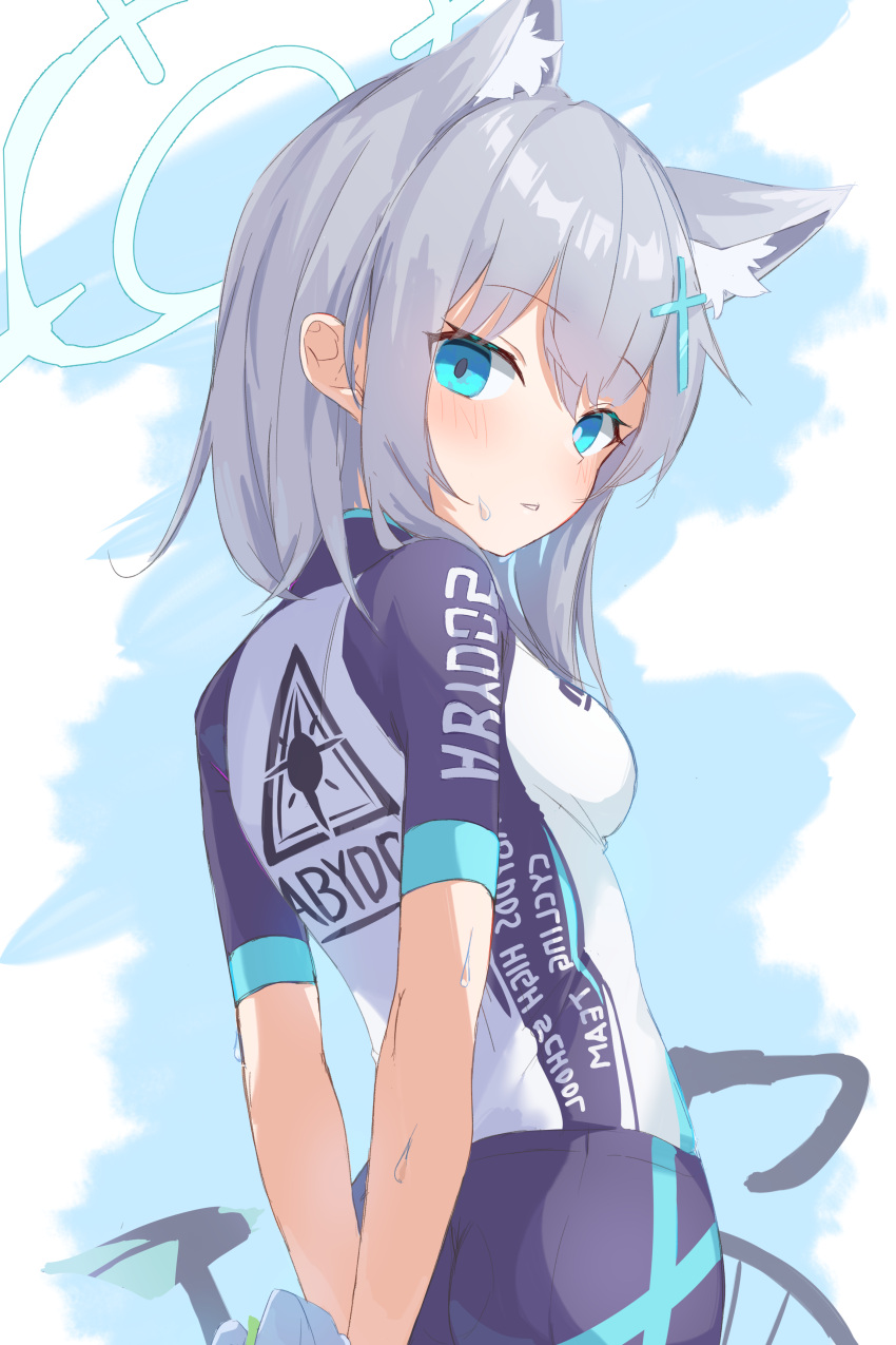 1girl absurdres alternate_costume arms_behind_back ass bike_jersey blue_archive blue_background blue_eyes breasts closed_mouth clothes_writing halo highres looking_at_viewer looking_back medium_breasts shiroko_(blue_archive) shorts solo upper_body v_arms wep16night