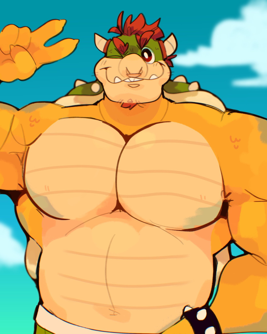 2022 anthro beard big_muscles bowser bowser_day bracelet claws clothed clothing cloud day devil_horns_(gesture) eyebrows facial_hair front_view gesture hair hi_res horn jewelry koopa looking_at_viewer male mario_bros muscular muscular_anthro muscular_male nintendo obliques one_eye_closed outside pecs scalie scraffyraccoon shell sky smile solo spiked_bracelet spiked_shell spikes spikes_(anatomy) standing swimming_trunks swimwear teeth topless topless_anthro topless_male video_games wink