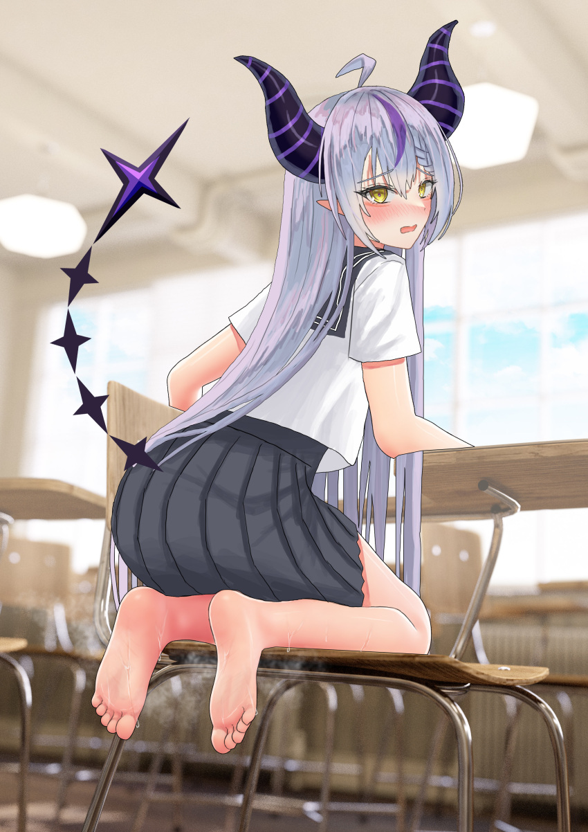 1girl absurdres ahoge alternate_costume andy2465 bangs barefoot black_skirt blurry blurry_background blush classroom commentary_request demon_girl demon_horns embarrassed feet from_behind full_body highres hololive horns kneeling la+_darknesss legs long_hair looking_at_viewer multicolored_hair on_chair open_mouth photo_background pointy_ears purple_hair shiny shiny_skin shirt short_sleeves sidelocks skirt smell soles solo streaked_hair striped_horns sweat sweatdrop toes virtual_youtuber white_shirt