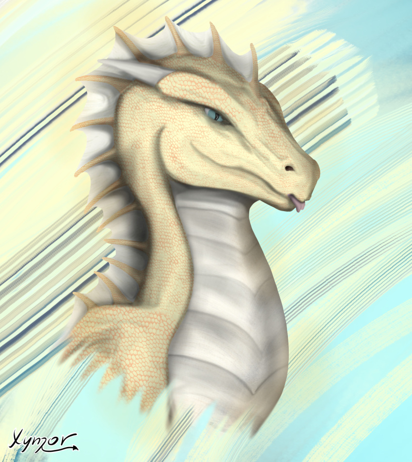 blue_eyes dragon feral fin headshot_portrait hi_res horn male portrait scales shaded simple_background smile soft_shading solo tongue tongue_out xymor yellow_body yellow_scales