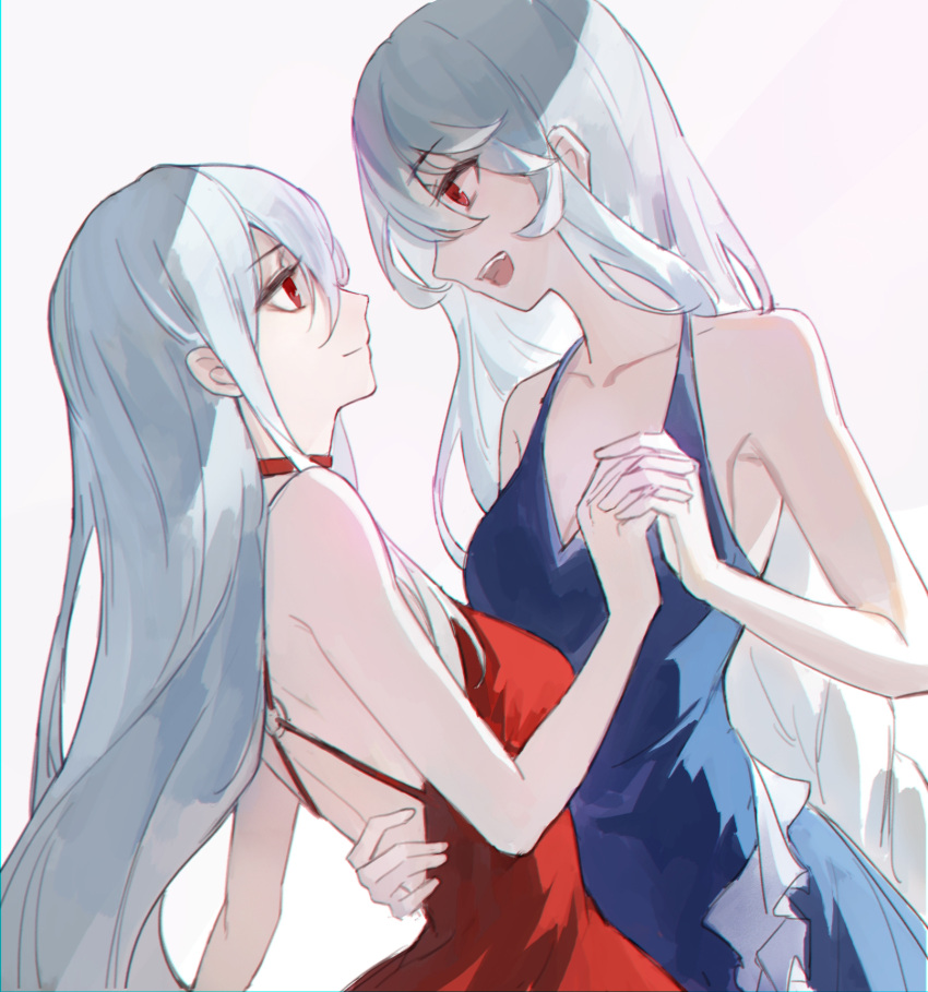 2girls :d alternate_costume arknights backless_dress backless_outfit bare_arms bare_back bare_shoulders blue_dress dress eye_contact grey_background grey_hair highres holding_hands long_hair looking_at_another multiple_girls open_mouth red_dress red_eyes skadi_(arknights) sleeveless sleeveless_dress smile specter_(arknights) upper_body very_long_hair was775 yuri