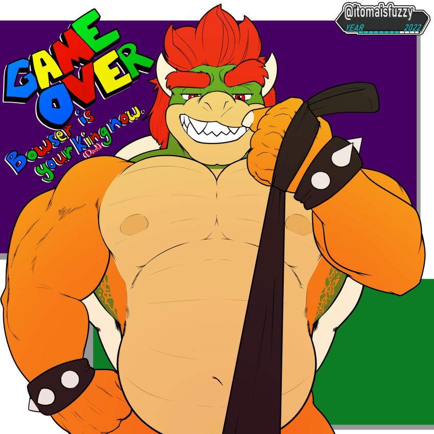 2022 anthro bedroom_eyes belly big_muscles bowser bowser_day bracelet claws daddy_kink dated dominant english_text eyebrows first_person_view front_view hair hi_res horn itoma jewelry koopa leash leash_pull leashed_pov looking_at_viewer male mario_bros musclegut muscular muscular_anthro muscular_male narrowed_eyes navel nintendo nipples non-mammal_nipples nude pecs scalie seductive shell simple_background smile solo spiked_bracelet spiked_shell spikes spikes_(anatomy) standing teeth text url video_games watermark
