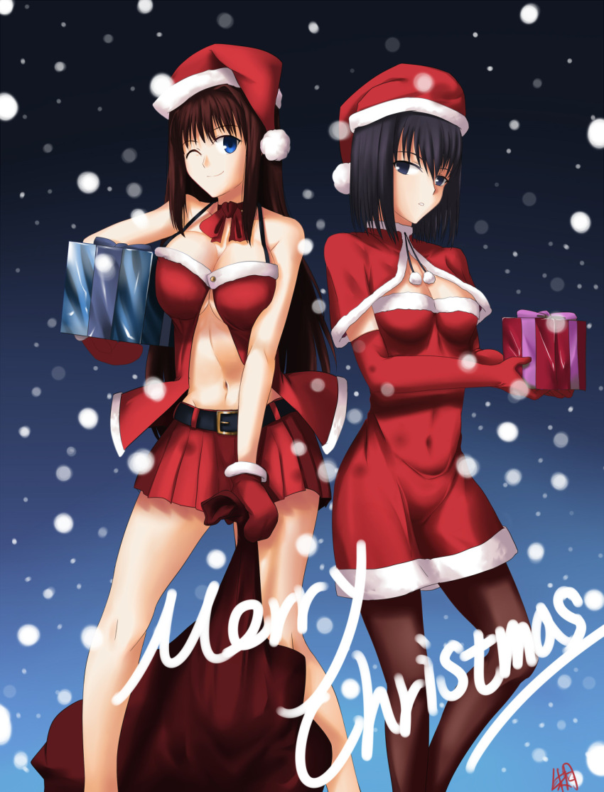 2girls akatsuki_(mp31097) aozaki_aoko black_eyes black_hair blue_eyes blurry bokeh breasts brown_hair cape capelet christmas cleavage covered_navel depth_of_field dress elbow_gloves expressionless fur-trimmed_dress fur_trim gift gloves hat heel_up highres kuonji_alice large_breasts looking_at_viewer mahou_tsukai_no_yoru medium_breasts medium_hair merry_christmas multiple_girls navel one_eye_closed pantyhose red_cape red_dress red_skirt santa_costume santa_hat sidelocks skirt smile snow
