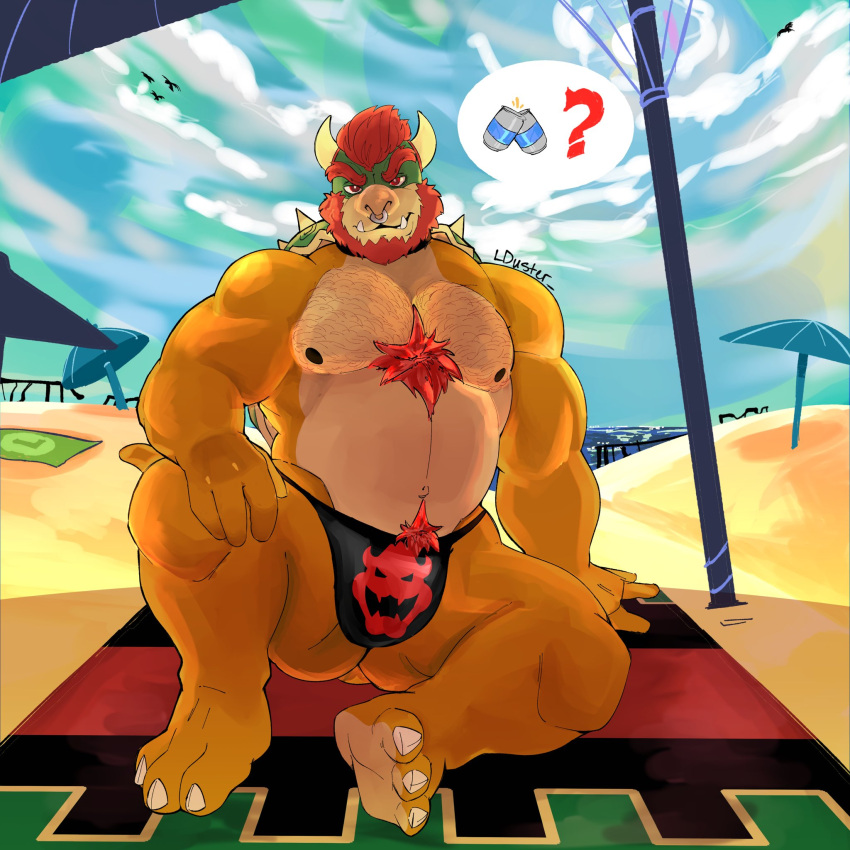 1:1 2022 alternate_version_at_source anthro beach beard belly beverage_can big_muscles body_hair bowser bowser_day bulge chest_hair claws clothing cloud day detailed_background dialogue_box eyebrows facial_hair facial_piercing feet front_view hair happy_trail hi_res horn koopa lduster looking_at_viewer male mario_bros muscular muscular_anthro muscular_male narrowed_eyes navel nintendo nipples non-mammal_nipples nose_piercing nose_ring pecs pictographics piercing plantigrade pubes question_mark ring_piercing sand scalie seaside shell signature sitting sky smile soles solo speedo spiked_shell spikes spikes_(anatomy) swimwear teeth thick_thighs towel umbrella video_games
