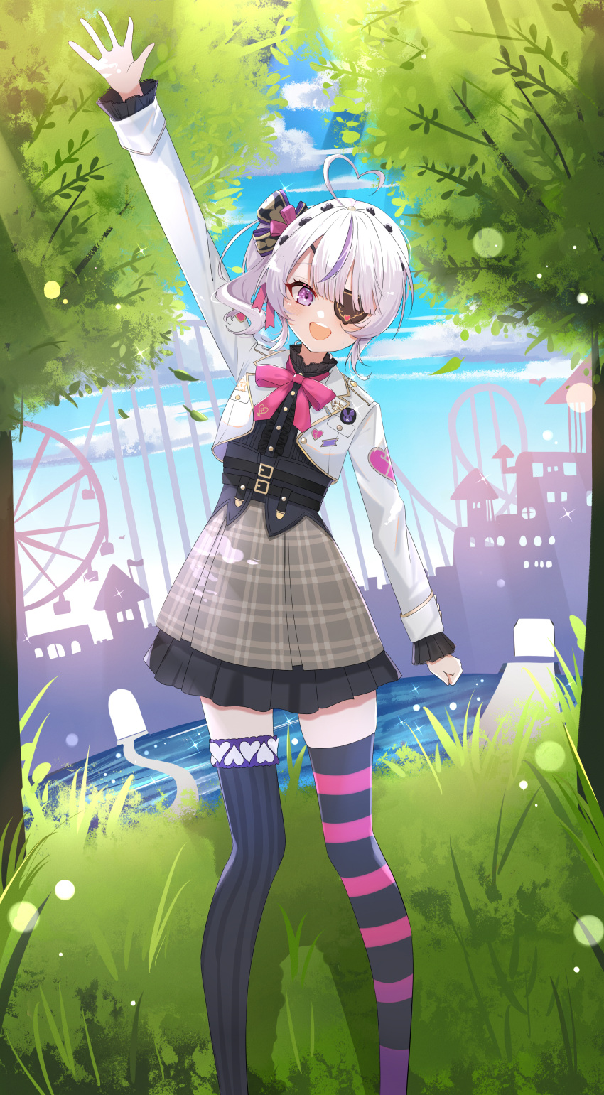 1girl :d absurdres ahoge amusement_park arm_up asymmetrical_legwear bangs black_corset black_shirt black_thighhighs blue_sky blunt_bangs blush bow bowtie buttons center_frills city cloud commentary corset cropped_jacket day dreamoon eyelashes eyepatch feet_out_of_frame ferris_wheel frilled_skirt frilled_sleeves frills grass grey_skirt hair_bow hair_ornament hair_ribbon heart heart_ahoge highres jacket lapels light_rays long_sleeves looking_at_viewer maria_marionette medium_hair mismatched_legwear multicolored_hair nijisanji nijisanji_en one_eye_covered open_clothes open_jacket open_mouth outdoors pink_bow pink_bowtie pink_ribbon plaid plaid_skirt ponytail purple_eyes purple_hair ribbon roller_coaster shirt side_ponytail sidelocks silhouette skirt sky skyline smile solo sparkle standing sticker streaked_hair striped striped_thighhighs sunlight teeth thighhighs tree upper_teeth virtual_youtuber waving wavy_hair white_hair white_jacket zettai_ryouiki