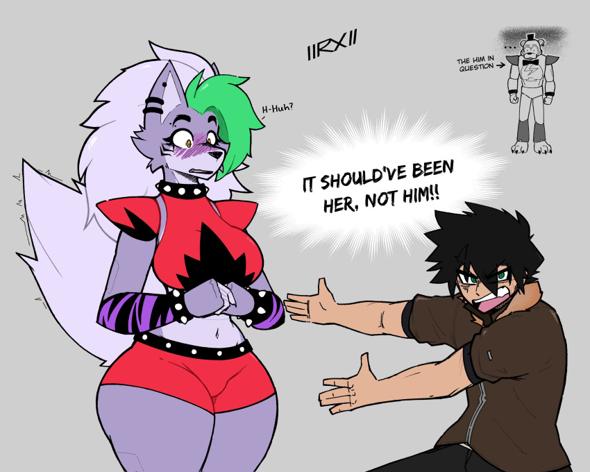 akibarx anthro belt big_breasts blush bracelet breasts canid canine canis clothed clothing collar curvy_figure dialogue digital_media_(artwork) ear_piercing ear_ring english_text female five_nights_at_freddy's five_nights_at_freddy's:_security_breach freddy_(fnaf) fur green_eyes green_hair group hair hi_res human isaac_(akibarx) jewelry looking_at_viewer male mammal midriff navel open_mouth piercing ring_piercing roxanne_wolf_(fnaf) scottgames simple_background spiked_belt spiked_bracelet spiked_collar spikes text thick_thighs topwear trio video_games wide_hips wolf