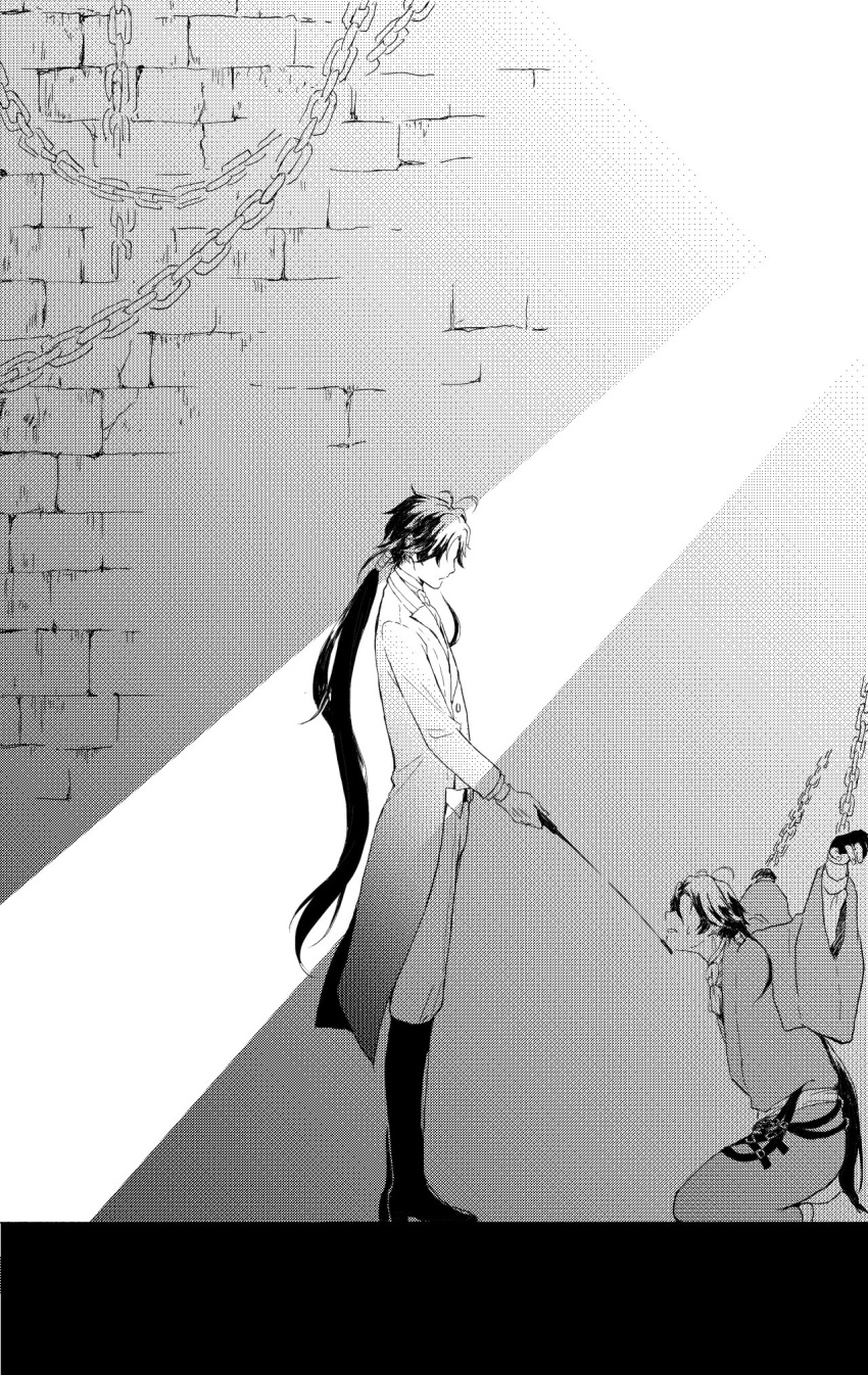 2boys akutagawa_ryuunosuke_(bungou_to_alchemist) antenna_hair ascot belt boots brick_wall brooch bungou_to_alchemist chain chained coat dress_shirt dual_persona faceless faceless_male fingerless_gloves from_side full_body gloves greyscale hair_between_eyes highres holding_riding_crop japanese_clothes jewelry kimono light_rays long_hair looking_at_another low_ponytail male_focus miyuyoko monochrome multiple_boys pants parted_lips prison profile seiza shirt sitting standing sweatdrop vest
