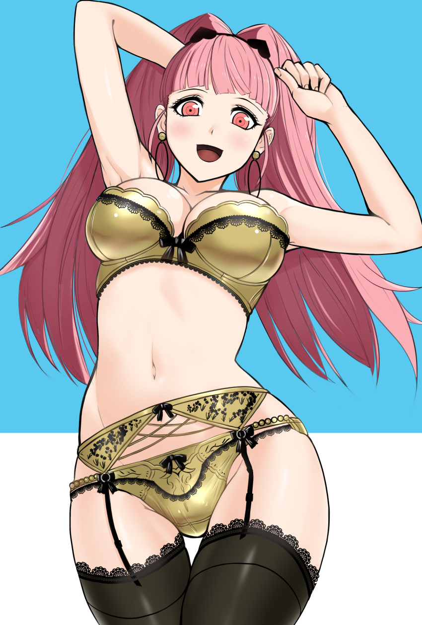 1girl :d absurdres aegis_(nerocc) arms_up bangs bare_arms bare_shoulders black_bow black_thighhighs blue_background blunt_bangs bow bow_bra bow_panties bra breasts cleavage cowboy_shot earrings fire_emblem fire_emblem:_three_houses garter_belt hair_ornament heart heart_hair_ornament highres hilda_valentine_goneril hoop_earrings jewelry lace-trimmed_bra lace-trimmed_legwear lace-trimmed_panties lace_trim large_breasts long_hair navel open_mouth panties pink_hair red_eyes smile solo stomach thigh_gap thighhighs twintails two-tone_background underwear underwear_only white_background yellow_bra yellow_panties