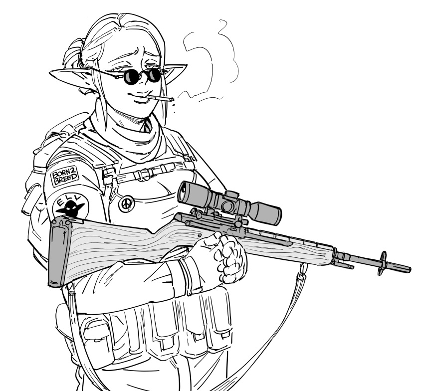 absurdres backpack bag battle_rifle bb_(baalbuddy) breasts cigarette cleavage cleavage_cutout clothing_cutout elf gun hair_bun highres holding holding_gun holding_weapon looking_at_viewer m14 military military_uniform original patch pointy_ears pouch rifle scope smoking uniform unit_patch weapon