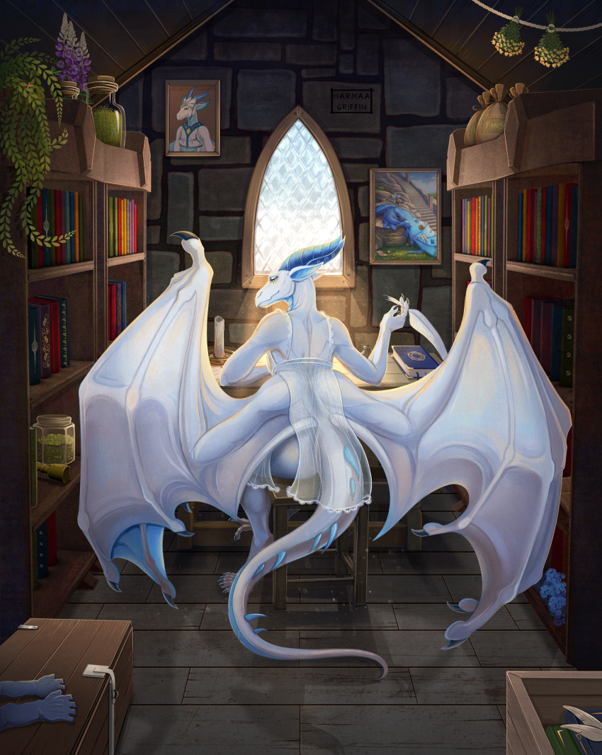 absurd_res anthro character_linkosta clothing dragon fantasy female harmaagriffin hi_res library looking_back pinup pose realistic sitting solo suggestive_look suggestive_pose translucent translucent_clothing white wings