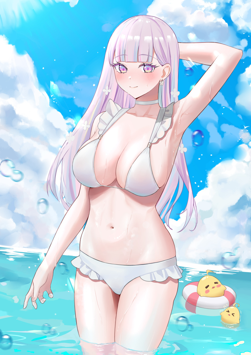 &gt;_&lt; 1girl absurdres arm_behind_head arm_up armpits azur_lane bangs bikini blunt_bangs blush breasts choker cleavage closed_mouth cloud day frilled_bikini frills highres innertube kirin3145 large_breasts legs_together long_hair manjuu_(azur_lane) navel outdoors pink_eyes pink_hair plymouth_(azur_lane) sky smile solo stomach strap_gap swimsuit thighs wading water water_drop wet white_bikini white_choker