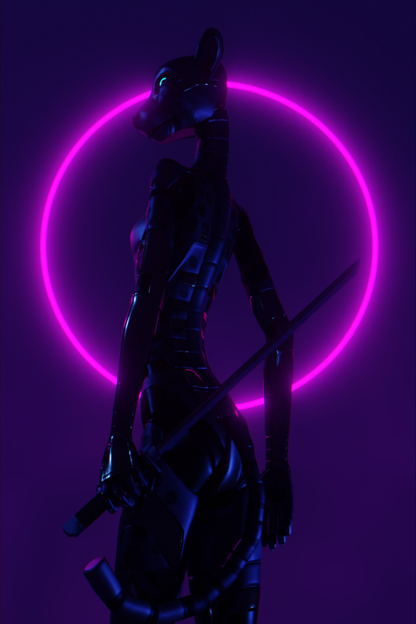 3d_(artwork) android anthro back_facing_viewer backlighting blender_(software) blue_eyes cheetah cyberpunk digital_media_(artwork) felid feline female hi_res katana light lighting looking_at_viewer looking_back looking_back_at_viewer machine mammal melee_weapon neon_lights onyx_(phlegraofmystery) phlegraofmystery purple_body robot solo sword weapon