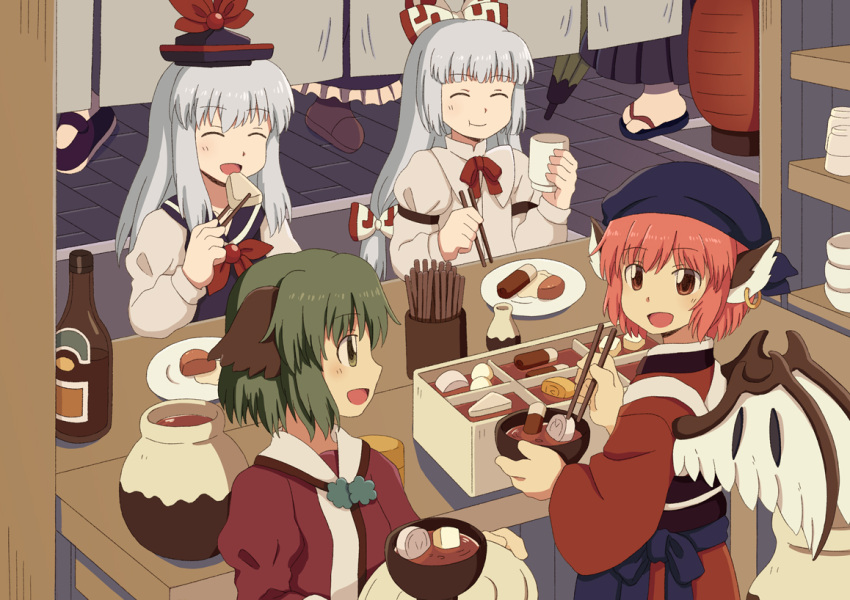 4girls :d :t ^_^ animal_ears arm_strap bangs bird_ears bird_girl bird_wings blue_dress blue_headwear bottle bow bowl brown_eyes chopsticks closed_eyes closed_mouth collared_shirt commentary cup dress earrings eating fujiwara_no_mokou green_eyes green_hair grey_hair hair_bow hat hat_ribbon head_scarf hime_cut holding holding_bowl holding_chopsticks holding_cup holding_plate izakaya japanese_clothes jewelry kamishirasawa_keine kasodani_kyouko kimono lantern long_hair long_sleeves looking_at_another mary_janes medium_hair multiple_girls mystia_lorelei neck_ribbon okamisty open_mouth paper_lantern people pink_hair plate plate_stack red_bow red_kimono red_ribbon red_shirt renzaoshen ribbon sandals shirt shoes single_earring smile stew tokin_hat touhou two-tone_bow white_bow white_shirt wide_sleeves wings