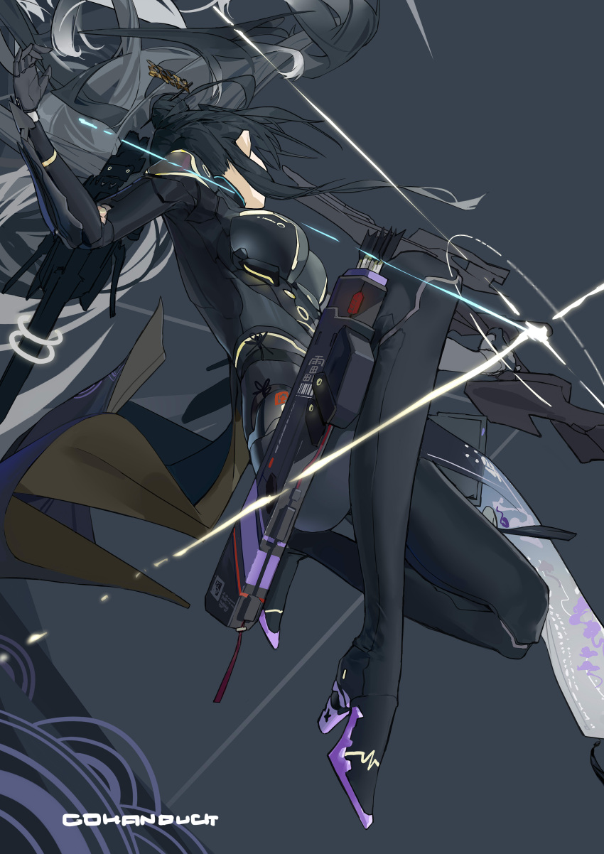 1girl absurdres aiming arrow_(projectile) bianca:_veritas_(ink-lit_hermit)_(punishing:_gray_raven) bianca_(punishing:_gray_raven) black_dress black_hair black_thighhighs bow dress from_behind full_body glint gohanduck grey_background hair_bun high_heels highres pose punishing:_gray_raven solo thighhighs