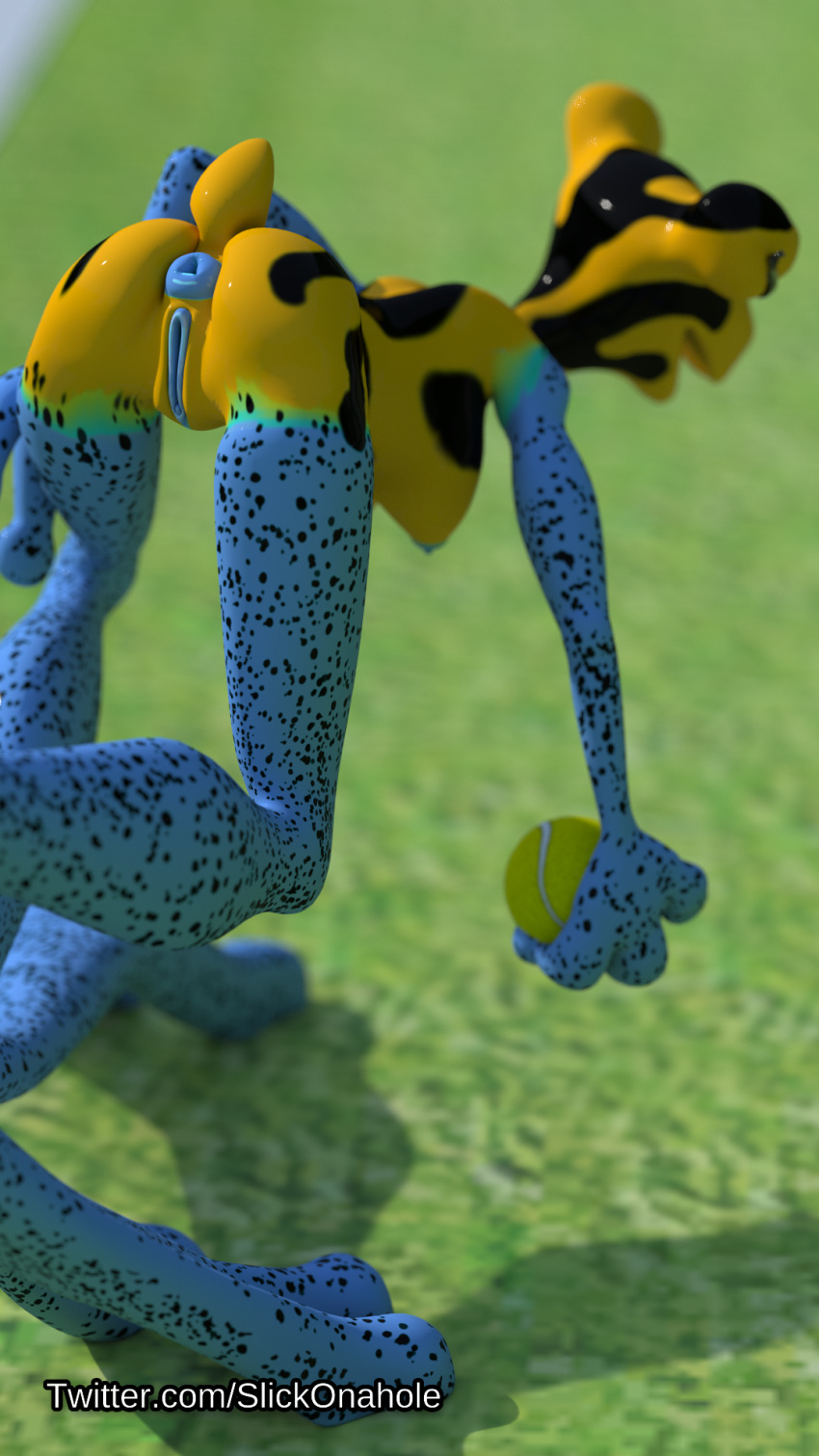 3_fingers 3_toes 3d_(artwork) 9:16 amphibian anthro anus ball bent_over breasts butt butt_focus chimalma_(slickonahole) digital_media_(artwork) digitigrade feet female fingers frog genitals hi_res medium_breasts multicolored_body nipples nude outside poison_dart_frog puffy_anus pussy rear_view slickonahole small_tail solo spots spotted_body tennis tennis_ball tennis_court text toes url yellow_body