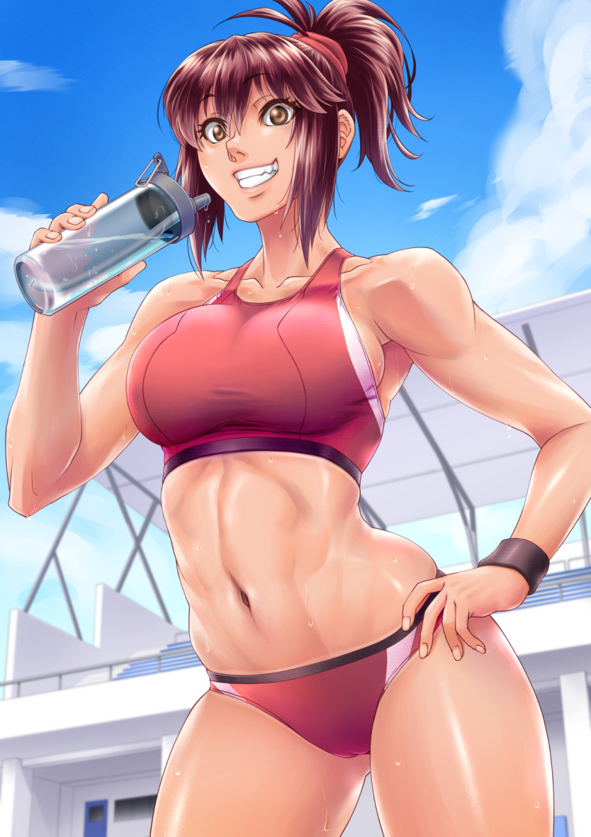 1girl abs bangs bare_shoulders blue_sky bottle breasts brown_eyes brown_hair buruma cameltoe cloud cloudy_sky collarbone commentary_request day hand_on_hip highres holding ikumo_taisuke lips long_hair looking_at_viewer medium_breasts navel original outdoors parted_lips ponytail shiny shiny_hair shiny_skin simple_background sky sleeveless smile solo sports_bikini stomach sweat tan tanlines teeth thighs water water_bottle wristband