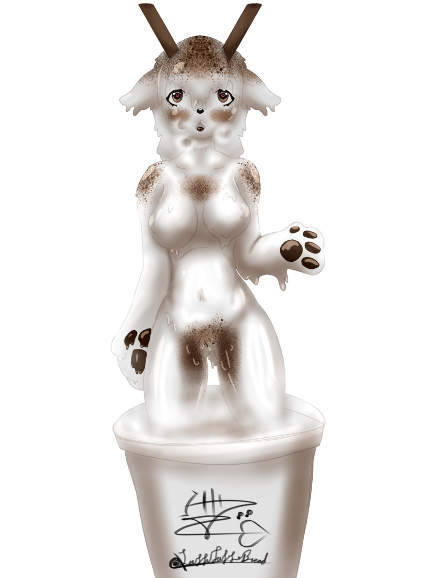 &lt;3 &lt;3_eyes absurd_res beverage big_breasts big_feet breasts cervid cinnamon_(disambiguation) container cup dripping feet female food goopy hi_res laffulaffubread mammal nude solo steam white_body