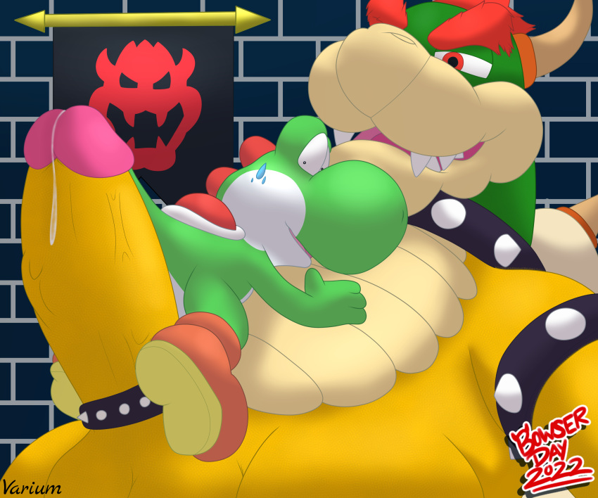 6:5 absurd_res accessory balls big_balls big_penis bodily_fluids boots bowser bowser_day butt clothing cock_ring collar cum digital_media_(artwork) dinosaur duo erection footwear genital_fluids genitals green_yoshi hair hi_res horn huge_penis humanoid_genitalia humanoid_penis jewelry koopa male male/male mario_bros nintendo open_mouth penis penis_accessory penis_jewelry reptile scalie shell shoes simple_background size_difference size_play smile spikes tongue varium video_games yoshi yoshi_(character)