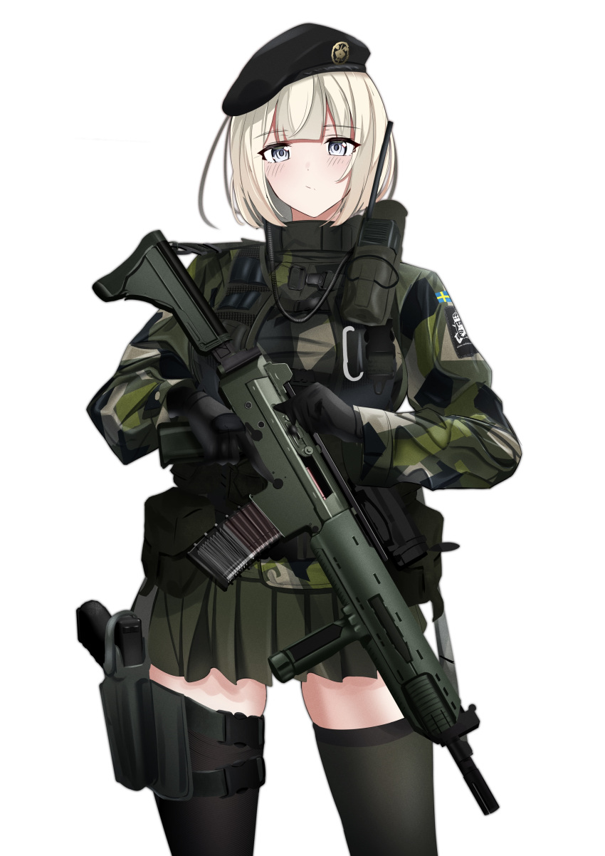 1girl absurdres ak_5 assault_rifle bangs beret black_gloves black_headwear black_thighhighs blonde_hair blush camouflage camouflage_jacket closed_mouth feet_out_of_frame fn_fnc gloves green_skirt grey_eyes grip gun handgun hat highres holding holding_gun holding_weapon holster holstered_weapon jacket looking_at_viewer military military_hat military_uniform original pleated_skirt radio revision rifle rynn_(rynn_cube) short_hair skirt solo standing sweden swedish_flag thighhighs trigger_discipline uniform walkie-talkie weapon white_background