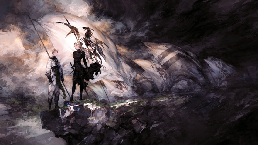 1boy 1girl black_dress blonde_hair brother_and_sister catiua_powell cliff cloud cloudy_sky coat_of_arms dark_clouds denim_powell dress flag hairband highres holding holding_sword holding_weapon key_visual long_hair official_art promotional_art siblings sky standing strap sword tactics_ogre weapon yoshida_akihiko