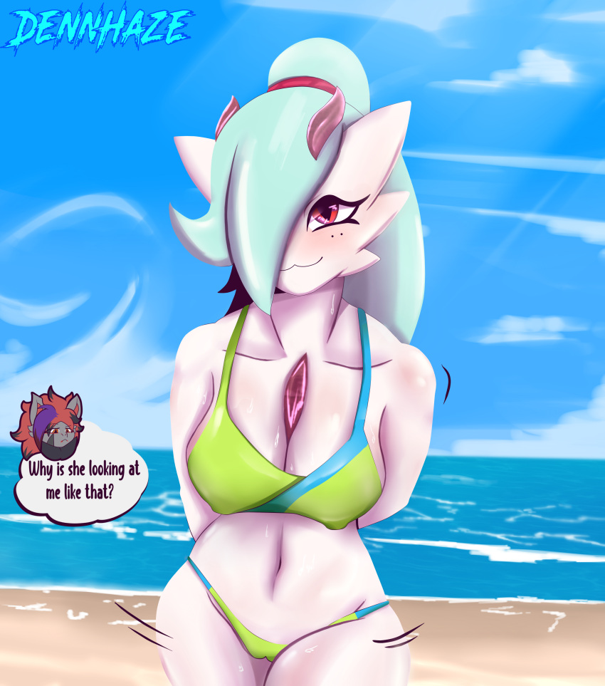 absurd_res anthro beach bikini blush bodily_fluids chelsea_the_gardevoir clothed clothing curvy_figure dennhaze digital_media_(artwork) emoji facial_markings female gardevoir hair head_markings hi_res humanoid markings motion_lines nintendo pok&eacute;mon pok&eacute;mon_(species) sand seaside shiny_pok&eacute;mon signature simple_background sky smile solo speech_bubble spikes spikes_(anatomy) swimwear text video_games wide_hips zoroark zorphis_(dennhaze) zorphis_the_zoroark