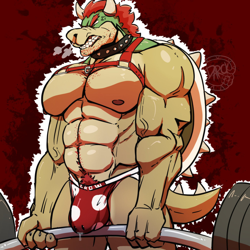 1:1 2022 abs anthro barazoku barbell biceps big_bulge big_muscles bodily_fluids body_hair bowser bowser_day breath bulge clenched_teeth clothing cross-popping_vein darckhumor exercise eyebrows facial_hair genital_fluids hair happy_trail harness hi_res horn huge_muscles jockstrap koopa male mario_bros muscular muscular_anthro muscular_male narrowed_eyes navel nintendo nipples non-mammal_nipples obliques pecs precum precum_through_clothing precum_through_jockstrap precum_through_underwear pubes red_background scalie shell simple_background solo spiked_shell spikes spikes_(anatomy) standing stubble teeth underwear vein video_games watermark weightlifting wet wet_clothing workout