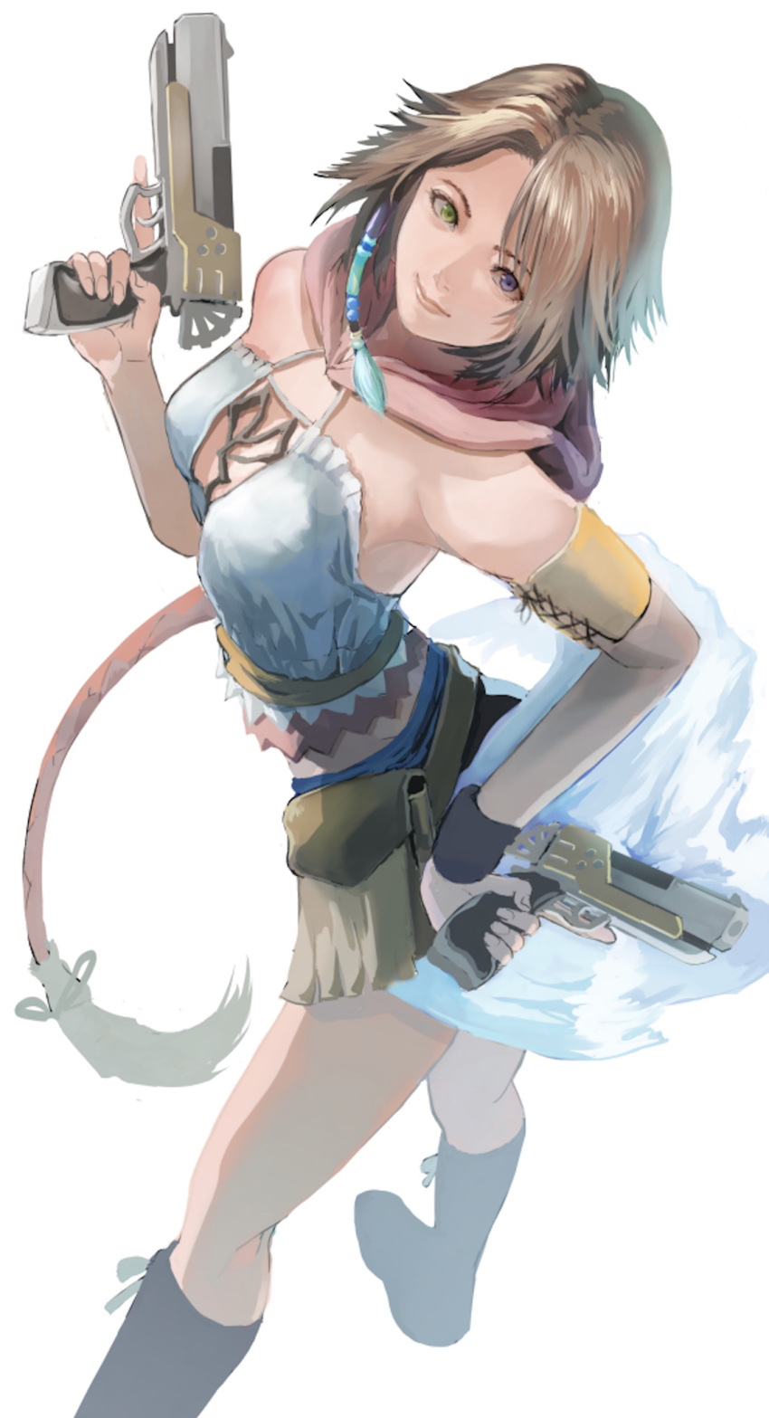 1girl bangs bare_shoulders blue_eyes boots breasts brown_hair closed_mouth commentary_request dual_wielding final_fantasy final_fantasy_x final_fantasy_x-2 from_above gauss_&lt;bokashi green_eyes gun hair_ornament hand_on_hip handgun heterochromia highres holding holding_weapon knee_boots lips long_hair looking_at_viewer low-tied_long_hair low_ponytail medium_breasts shiny shiny_hair shorts simple_background sleeveless smile thighs trigger_discipline weapon white_background yuna_(ff10)