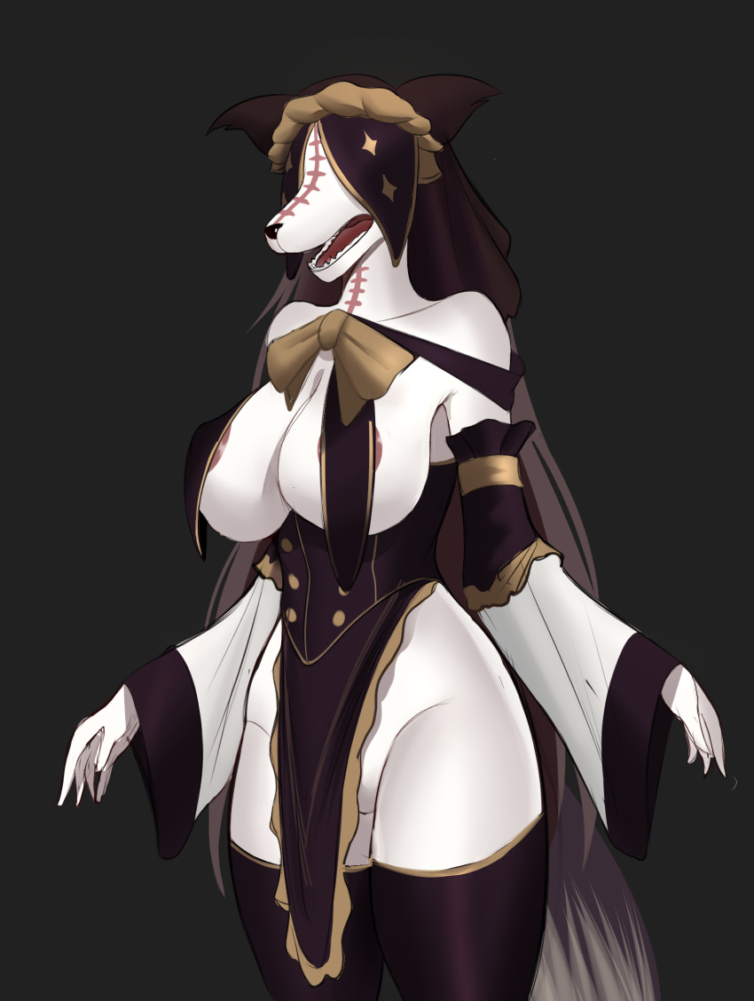 anthro areola big_breasts bluefoxsart breasts canid canine canis clothed clothing domestic_dog female hair herding_dog hi_res legwear mammal overlord_(series) pastoral_dog pestonya_shortcake_wanko scar sheepdog solo