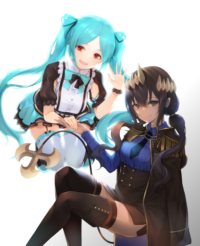 armpit_cutout bangs black_bow black_footwear black_hair black_necktie black_skirt black_thighhighs blue_bow blue_hair blue_shirt blue_skirt boots bow breasts clothing_cutout coat coat_on_shoulders collared_shirt dark-skinned_female dark_skin demon_girl demon_horns demon_tail epaulettes flying frilled_shirt frilled_thighhighs frills garter_straps hair_ribbon high-waist_skirt highres holding_hands honey_strap horns invisible_chair kuro_cat_3 long_hair looking_at_viewer low_twintails maid medium_breasts military_coat miniskirt necktie official_alternate_costume open_mouth parted_bangs pleated_skirt pointy_ears puffy_short_sleeves puffy_sleeves red_eyes ribbed_shirt ribbon shimamura_charlotte shirt short_sleeves side_slit simple_background sitting skindentation skirt smile tail thigh_boots thighhighs twintails virtual_youtuber waving white_background white_thighhighs yamato_iori yellow_eyes