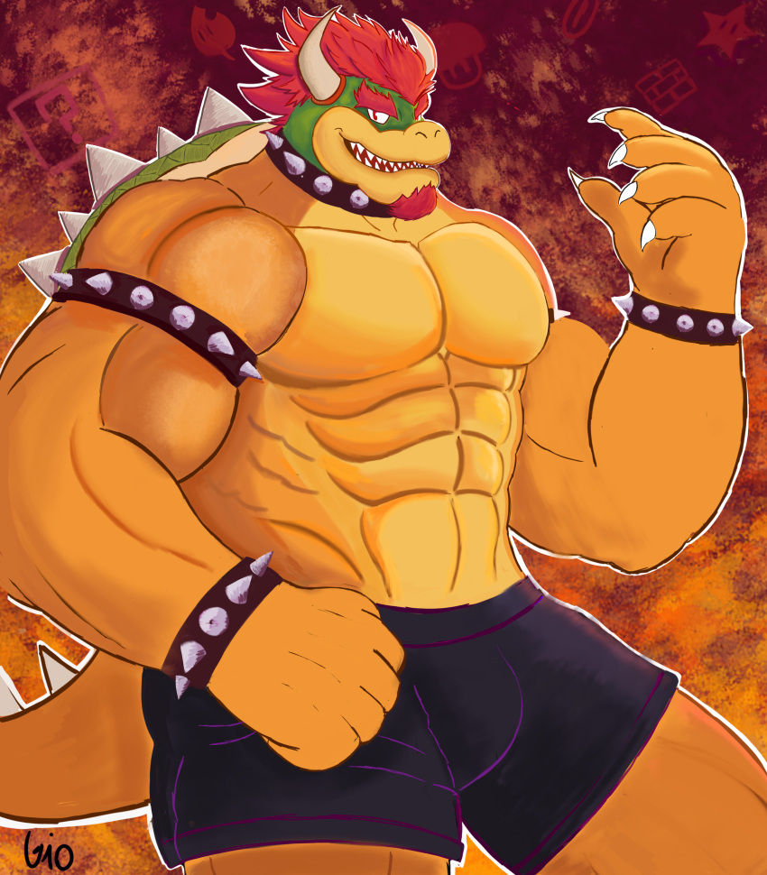 abs absurd_res anthro bowser bowser_day boxers_(clothing) bracelet clothing collar dragon facial_hair fire gio-joe goatee hi_res jewelry koopa looking_at_viewer male male/male mario_bros muscular muscular_male nintendo pecs reptile scalie smile spiked_bracelet spiked_collar spikes turtle underwear video_games