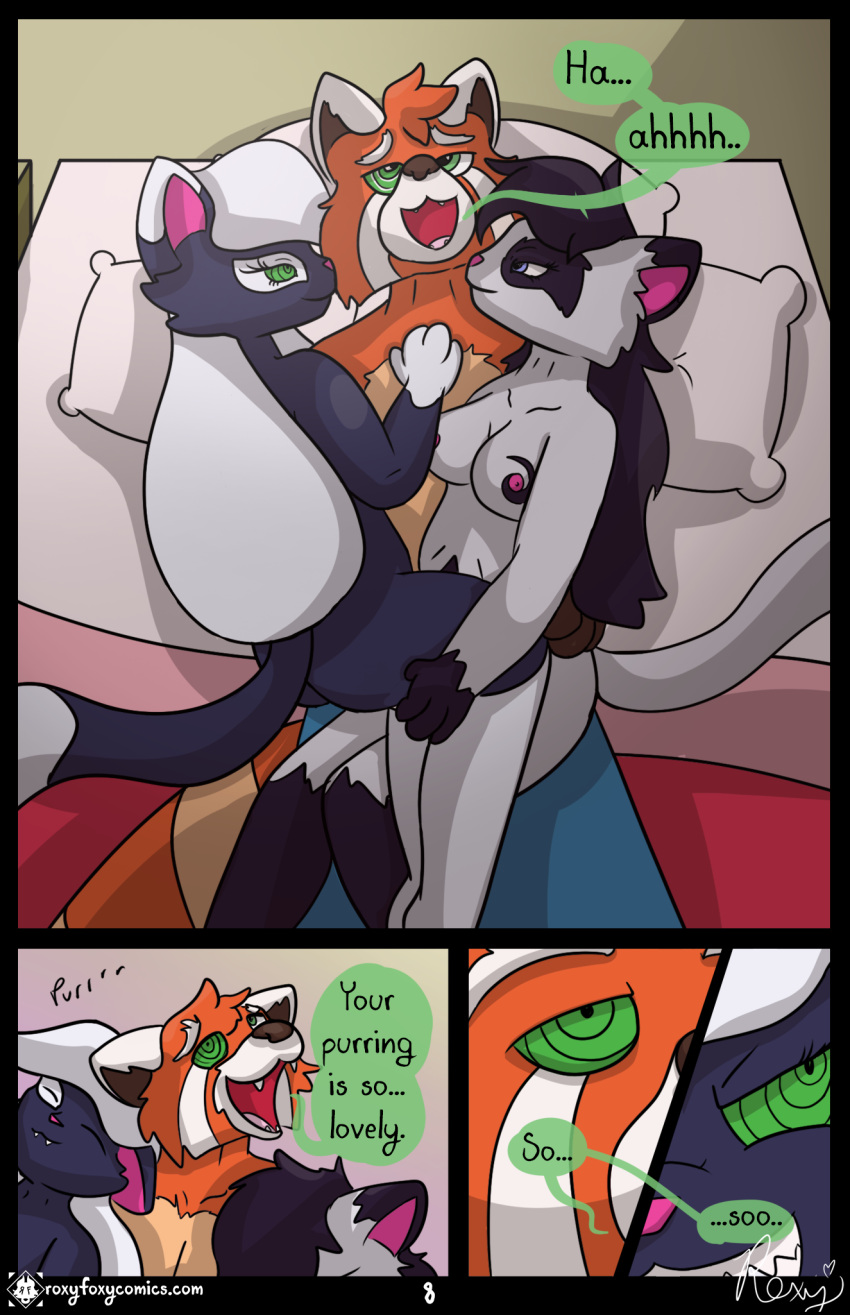&lt;3 ailurid anthro bed black_text brainwashing breasts butt comic cuddling dialogue domestic_cat emoticon english_text felid feline felis female forced furniture group heart_after_text heart_emoticon hi_res hypnosis linked_speech_bubble male mammal mind_control page_number questionable_consent red_panda ringed_eyes roxythefoxy seductive signature speech_bubble text text_with_heart trio
