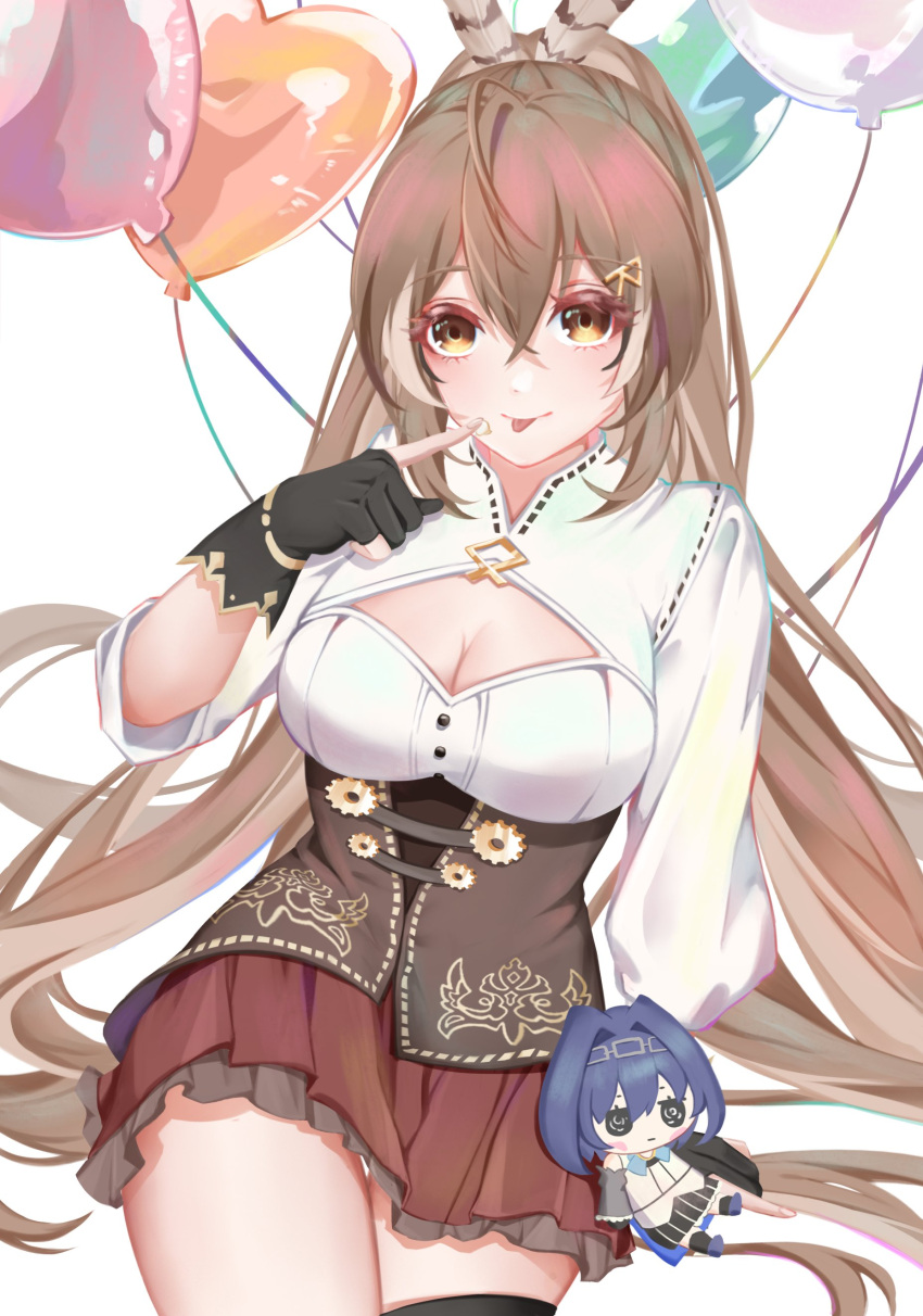 1girl absurdres ahoge artkouchiku balloon bangs birthday brown_corset brown_eyes brown_hair cleavage_cutout clothing_cutout corset feather_hair_ornament feathers gloves hair_ornament hairclip happy_birthday heart highres hololive hololive_english long_hair looking_at_viewer multicolored_hair nanashi_mumei objectification ouro_kronii partially_fingerless_gloves pleated_skirt ponytail red_skirt shirt skirt smol_kronii streaked_hair stuffed_toy tongue tongue_out very_long_hair virtual_youtuber white_shirt