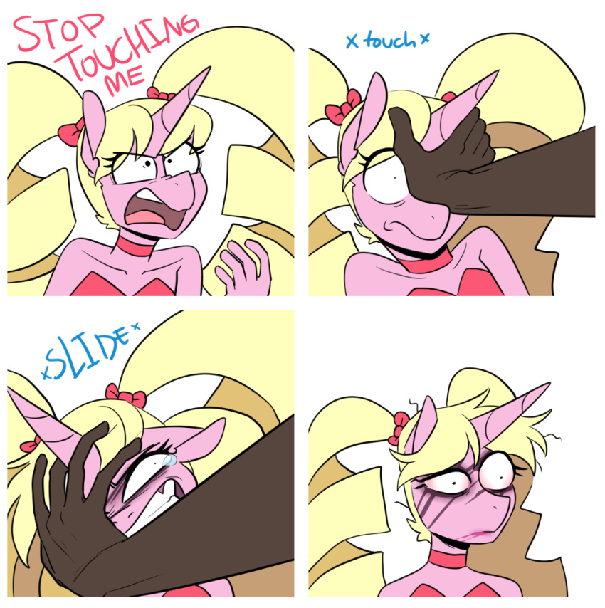 accessory angry blonde_hair bloodshot_eyes bodily_fluids bow_(disambiguation) bow_ribbon choker comic equid equine eureka_(oc) fan_character hair hair_accessory hair_bow hair_ribbon hasbro horn jewelry mammal messy my_little_pony necklace parch_well_(oc) pigtails redxbacon ribbons smeared_lipstick smeared_makeup smeared_mascara smearing tears unicorn