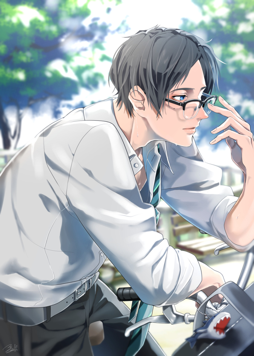 1boy belt bicycle black_hair black_pants blue_eyes day glasses grey_belt ground_vehicle hand_up highres leaning_forward male_focus miki_migiri original outdoors pants shirt sleeves_rolled_up summer sweat uniform white_shirt