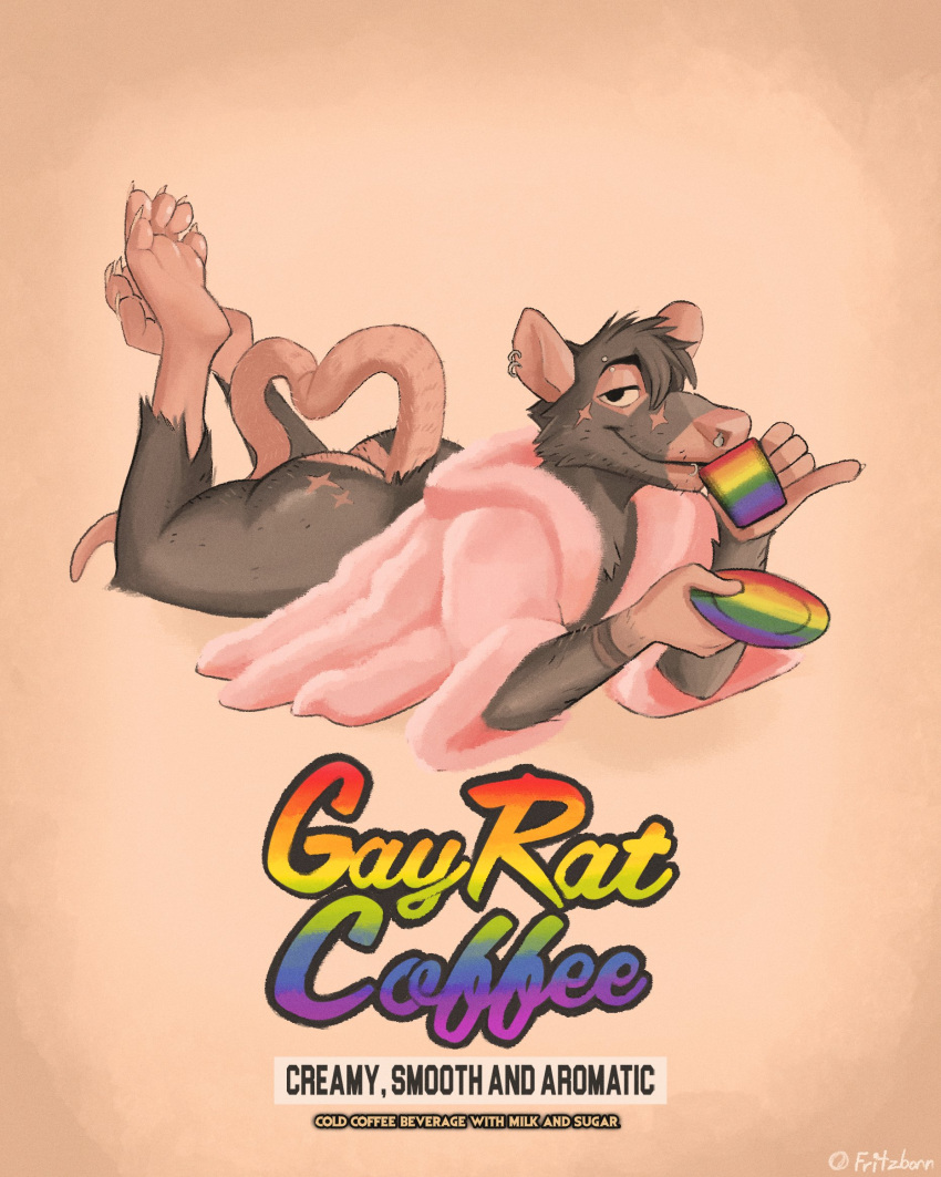 2022 advertisement anthro barefoot beverage bottomless butt claws clothed clothing coffee coffee_mug drinking ear_piercing ear_ring english_text eyebrow_piercing eyebrows facial_piercing feet fritzbonn fur gesture hair hi_res holding_beverage holding_mug holding_object holding_saucer legs_up lgbt_pride lip_piercing looking_at_viewer lying male mammal mug murid murine narrowed_eyes nose_piercing on_front piercing pink_background pinky_out pride_color_text pride_colors rainbow_pride_colors rat ring_piercing robe rodent saucer signature simple_background smile soles solo text tuft