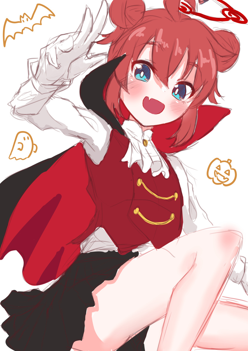 1girl :d absurdres ahoge arm_up bangs black_skirt blue_archive blue_eyes blush cape double_bun fang fang_out feet_out_of_frame gloves hair_bun halloween_costume halo highres looking_at_viewer maki_(blue_archive) open_mouth red_hair shirt short_hair sidelocks simple_background sketch skin_fang skirt smile solo take-run-atelier vampire_costume w white_gloves white_shirt