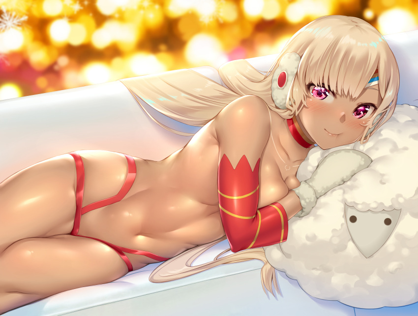 1girl absurdres altera_(fate) altera_the_santa_(fate) bangs bare_shoulders bikini body_markings breasts choker convenient_censoring dark-skinned_female dark_skin detached_sleeves earmuffs fate_(series) hamada_miku highres long_hair looking_at_viewer lying medium_breasts mittens on_side red_bikini red_choker red_eyes sheep short_hair smile swimsuit thighs topless white_hair white_mittens