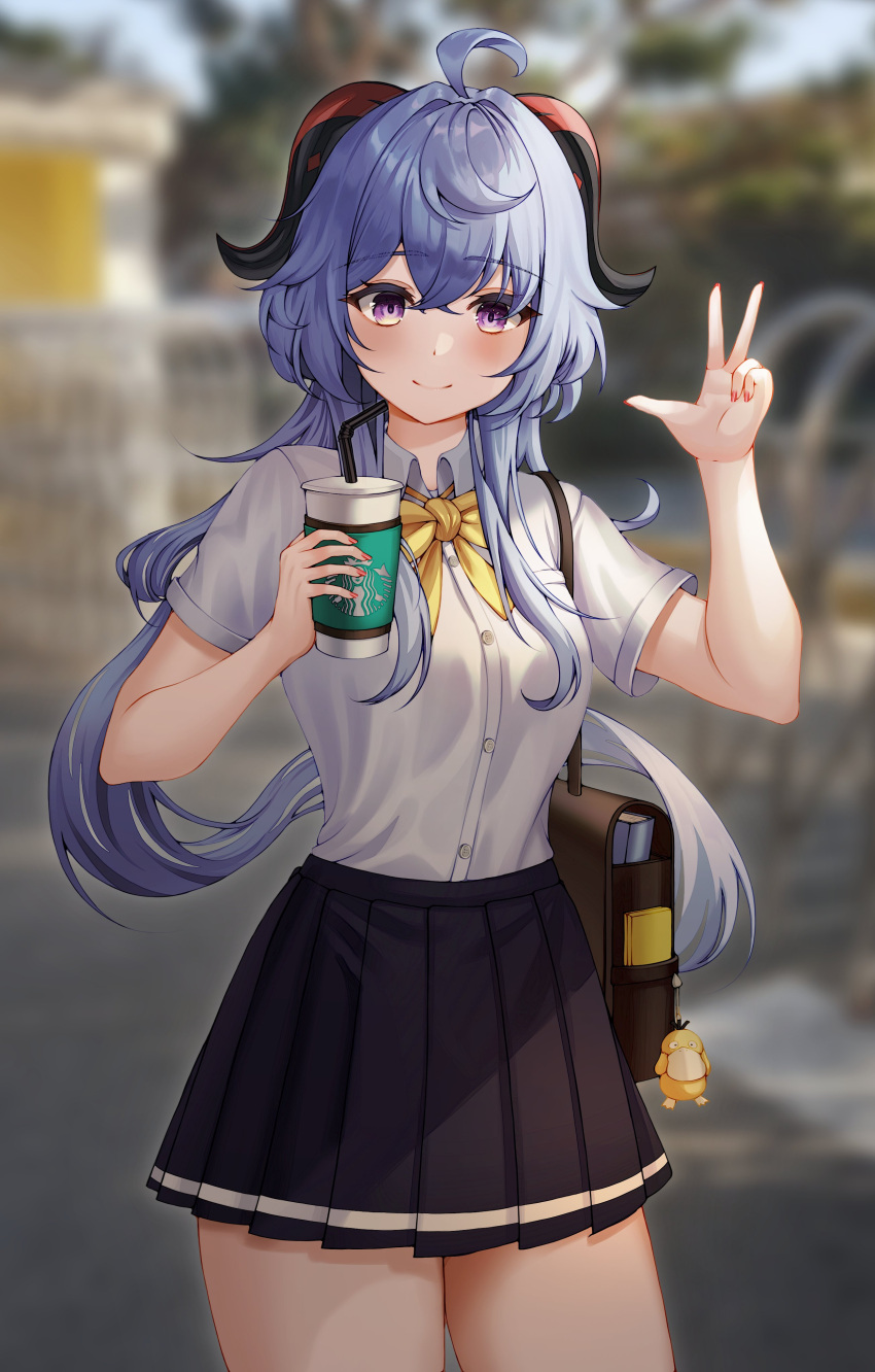 1girl absurdres ahoge bag bangs blue_hair blue_skirt blush bow breasts cup disposable_cup drinking_straw ganyu_(genshin_impact) genshin_impact golduck haru_12333 highres holding holding_cup horns long_hair looking_at_viewer pokemon purple_eyes school_bag school_uniform shirt sidelocks skirt smile solo starbucks white_shirt