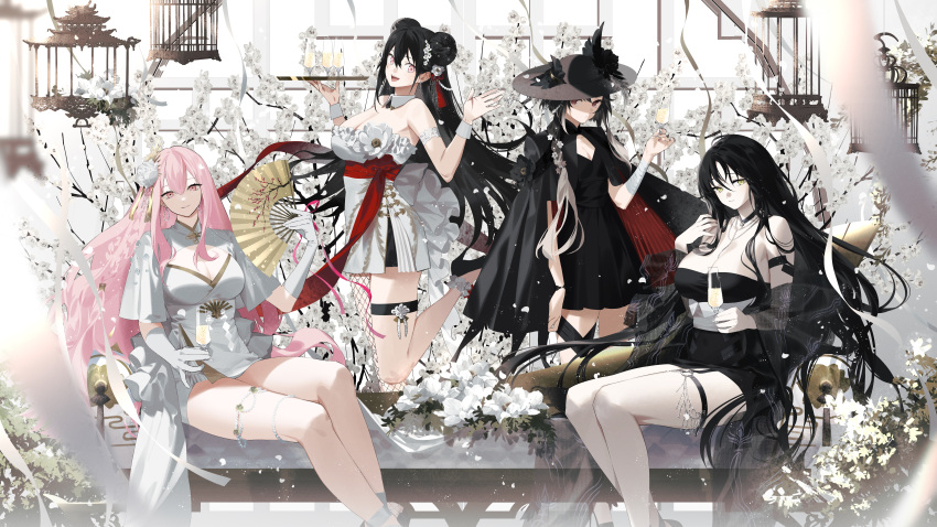 4girls absurdres alchemy_stars alternate_costume amemori_(alchemy_stars) bandaged_arm bandages bangs bare_shoulders bench birdcage black_dress black_hair black_headwear blurry blurry_foreground braid braided_ponytail breasts cage champagne_flute choker cleavage cloak closed_mouth cup detached_collar detached_sleeves double_bun dress drinking_glass fishnets flower folding_fan gloves hair_bun hair_flower hair_ornament hand_fan hat high_heels highres holding holding_cup holding_fan holding_tray jewelry kayano_(alchemy_stars) kazari_tayu large_breasts long_hair looking_at_viewer multiple_girls necklace open_mouth pink_eyes pink_hair rinne_(alchemy_stars) sash see-through see-through_sleeves short_dress single_leg_pantyhose sitting small_breasts smile standing standing_on_one_leg strapless strapless_dress thigh_strap tray tree white_dress white_flower white_gloves wrist_cuffs yao_(alchemy_stars)