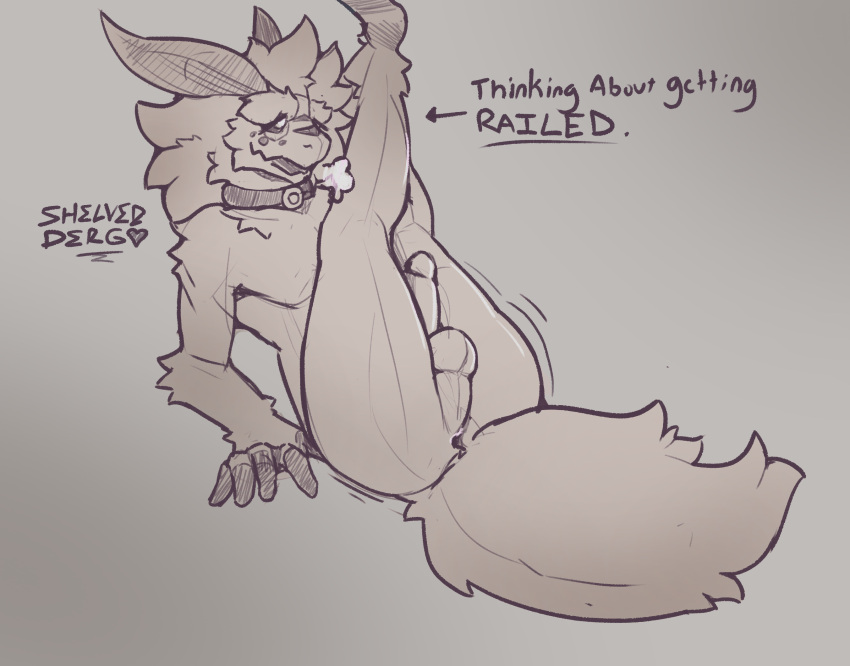 anthro anus arthropod balls butt collar fingerless_(marking) fluffy fluffy_tail genitals hair hi_res hybrid insect lepidopteran long_hair male moth penis presenting presenting_anus presenting_hindquarters shaking shelvedderg sketch solo solo_focus thick_thighs
