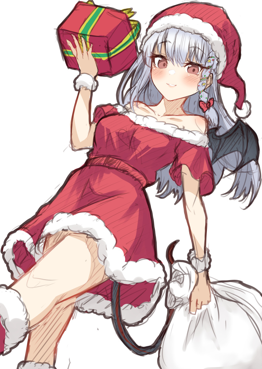 1girl absurdres arm_up bag bangs bare_shoulders black_wings blue_archive blush boots box braid breasts brown_eyes collarbone demon_wings feet_out_of_frame from_below gift gift_box grin haruna_(blue_archive) hat highres holding light_blush long_hair looking_at_viewer santa_boots santa_costume santa_hat scrunchie short_sleeves simple_background single_wing sketch smile solo take-run-atelier walking white_background wings wrist_scrunchie