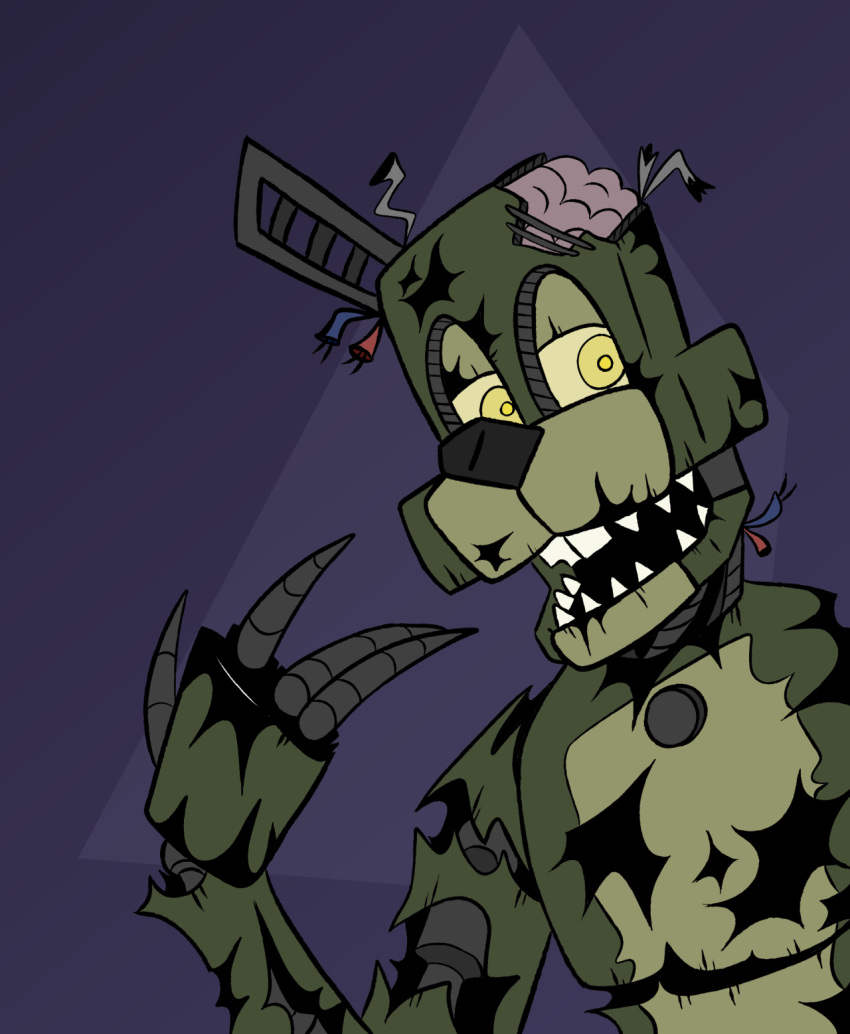 2021 animatronic anthro black_nose buckteeth button_(disambiguation) claws colored digital_drawing_(artwork) digital_media_(artwork) exposed_brain exposed_endoskeleton five_nights_at_freddy's freddy_fazbear's_pizzeria_simulator gore green_body hi_res lagomorph leporid looking_away machine male mammal multicolored_body notched_ear rabbit raised_arm robot scottgames scraptrap_(fnaf) sharp_claws sharp_teeth skkortysoup solo teeth two_tone_body video_games wire yellow_eyes