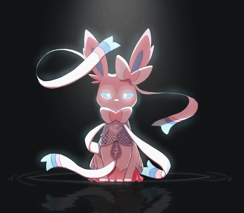 3_toes ambiguous_gender armor black_background blue_eyes blue_inner_ear bow_(feature) canid clothed clothed_feral clothing colored digital_media_(artwork) ear_bow eeveelution feet feral front_view full-length_portrait fur glowing glowing_eyes hi_res holowear_(pok&eacute;mon) kemono knight_style_sylveon leg_markings light lighting looking_at_viewer mammal markings metal mogu_mogu_um monotone_ears multicolored_body multicolored_fur neck_bow nintendo no_sclera paws pink_body pink_ears pink_fur pok&eacute;mon pok&eacute;mon_(species) pok&eacute;mon_unite portrait pupils quadruped ribbons_(anatomy) ripples scale_armor scalemail serious simple_background sitting socks_(marking) solo sylveon toeless_(marking) toes two_tone_body two_tone_fur video_games white_body white_fur white_pupils white_ribbon