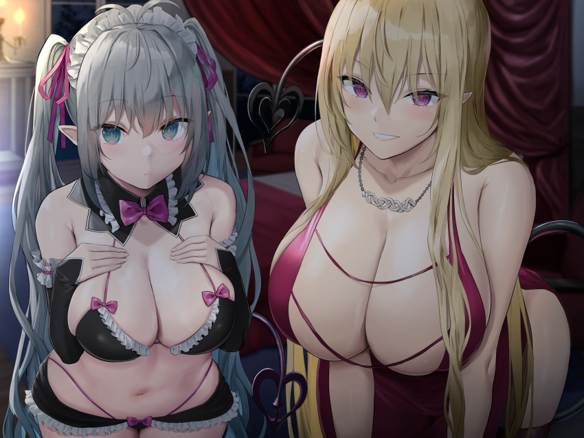 2girls bangs bare_shoulders blonde_hair blue_eyes blush bow bowtie breasts cleavage closed_mouth collarbone demon_tail detached_sleeves grey_hair hair_ornament hair_ribbon hands_on_own_chest highres indoors jewelry large_breasts long_hair long_sleeves looking_at_viewer maid_headdress multiple_girls navel necklace oekakizuki original parted_lips pointy_ears purple_bow purple_bowtie purple_eyes purple_ribbon ribbon smile tail twintails white_headwear