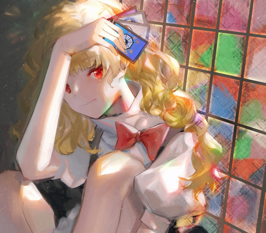 100th_black_market 1girl bangs black_vest blonde_hair bow card closed_mouth commentary_request full_body highres holding holding_card kirisame_marisa knees_up long_hair looking_at_viewer maitenn03 mini-hakkero no_hat no_headwear puffy_short_sleeves puffy_sleeves red_bow red_eyes shirt shirt_bow short_sleeves solo stained_glass touhou turtleneck vest white_shirt window