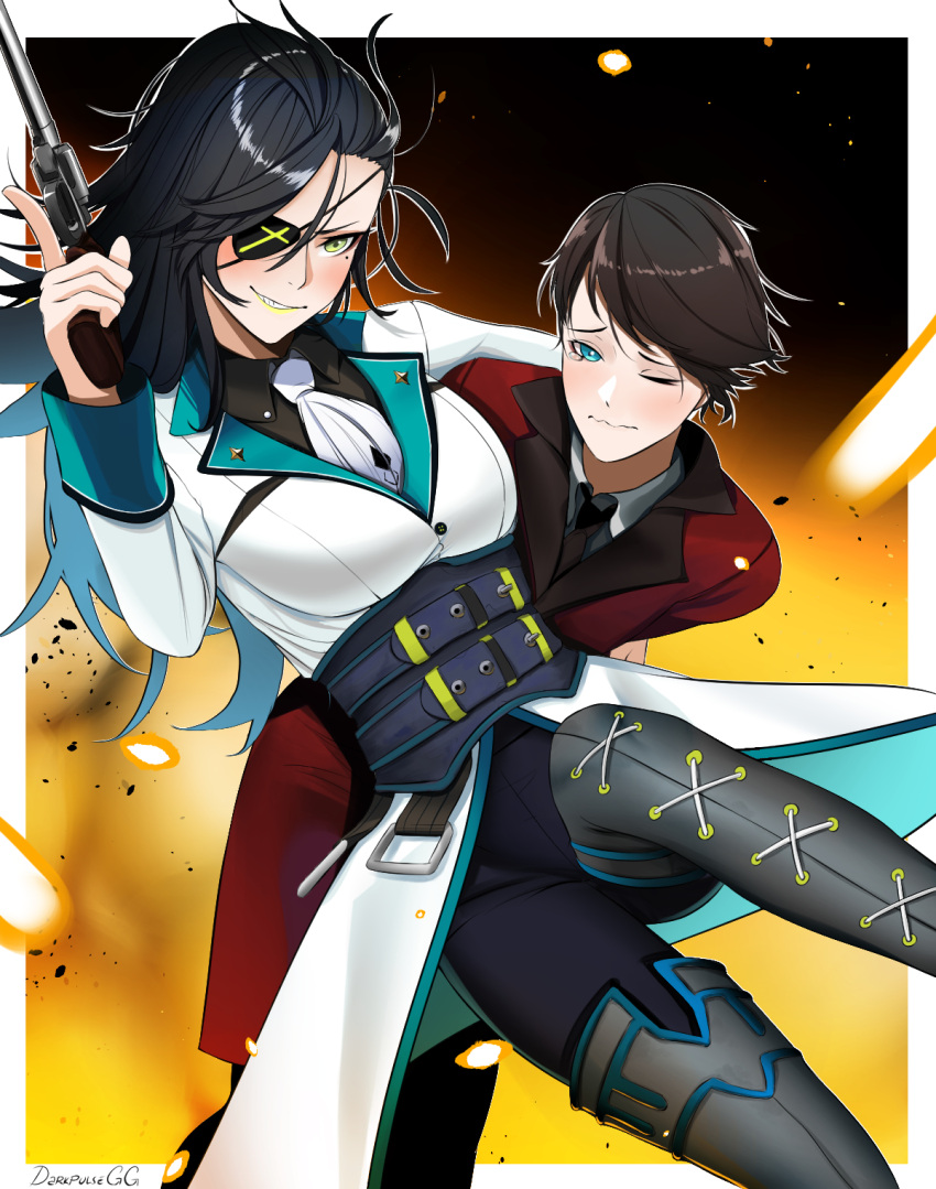 1boy 1girl artist_name bangs black_hair black_necktie black_pants black_shirt blue_eyes blush boots breasts brown_hair closed_mouth coat colt_python commander_(girls'_frontline) commission darkpulsegg english_commentary eyepatch feet_out_of_frame fire girls'_frontline green_eyes grey_footwear gun hand_on_another's_shoulder handgun highres holding holding_gun holding_weapon long_hair long_sleeves looking_at_viewer medium_breasts mole mole_under_eye necktie one_eye_closed open_mouth pants parted_lips pixiv_request python_(girls'_frontline) red_coat revolver shirt short_hair smirk standing tears thigh_boots weapon white_coat white_necktie white_shirt yellow_lips