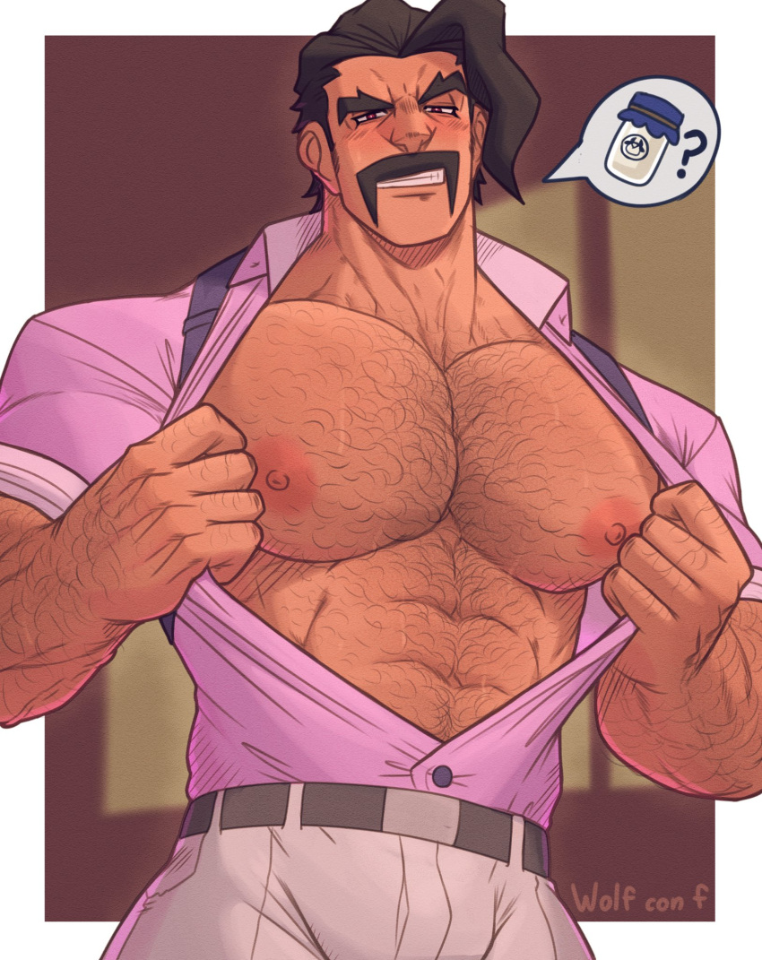 1boy abs arm_hair artist_name bara black_hair blurry blurry_background blush bottle brown_eyes character_request collared_shirt f_con facial_hair feet_out_of_frame hairy highres large_pectorals male_focus manly mature_male milk muscular muscular_male mustache nipples open_clothes open_shirt pants partially_unbuttoned pectorals pokemon pokemon_(game) pokemon_sv shirt short_hair signature smirk solo speech_bubble teeth